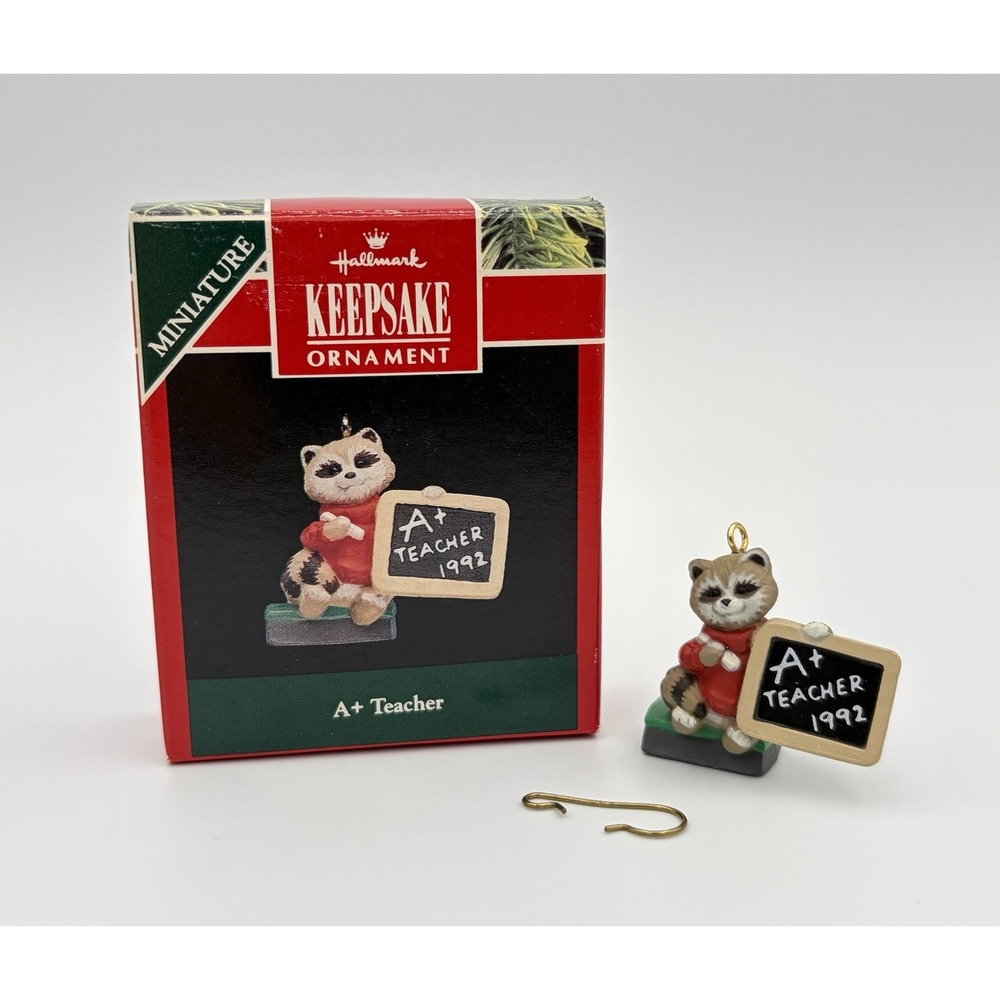 1992 Hallmark Keepsake Ornament A+ Teacher Raccoon Chalkboard Miniature Vintage